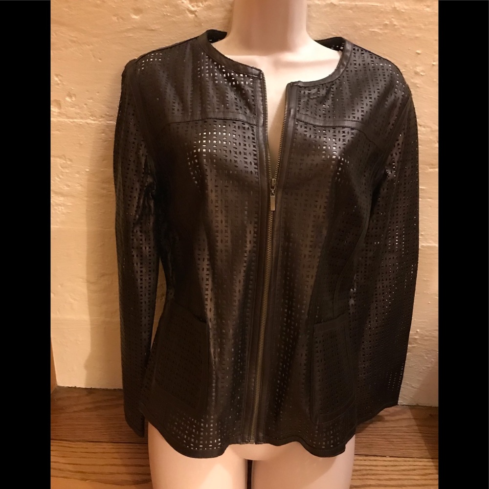 New Ruby Rd. Size 10 faux bronze leather zip front top jacket with cut outs